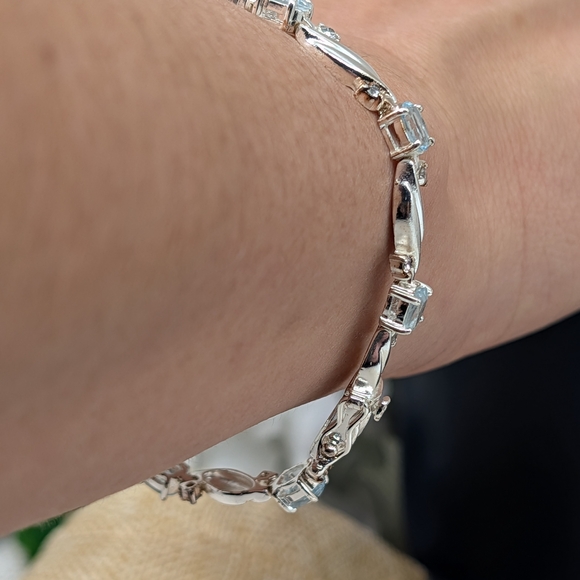 925 Sterling Silver Blue Topaz & CZ Link Bracelet 8” | Twisted Leaf Design - Picture 2 of 16